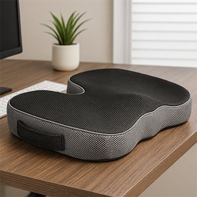 Coussin ergonomique noir et gris posé sur un bureau en bois à côté d’un clavier, alliant style moderne et confort orthopédique.