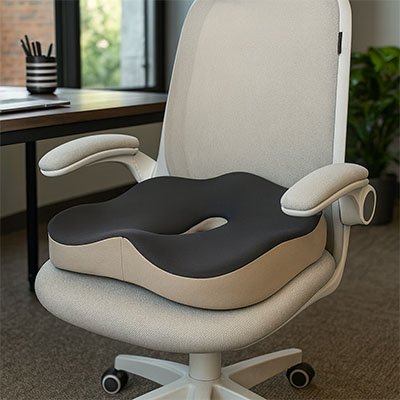 Coussin ergonomique en mousse mémoire placé sur une chaise de bureau, conçu pour améliorer la posture et réduire les douleurs dorsales au télétravail.