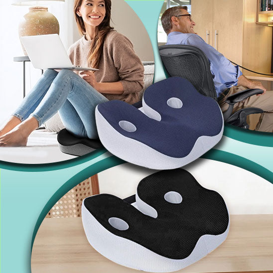 Homme et femme utilisant un coussin ergonomique de siège pour un confort optimal en télétravail et au bureau.