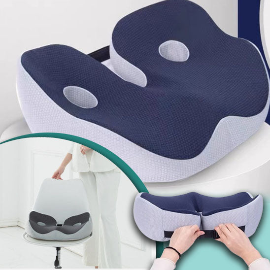 Coussin ergonomique de siège bleu marine avec découpe anatomique pour améliorer la posture et réduire les douleurs dorsales.