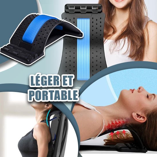 Appareil de décompression vertébrale noir et bleu, léger et portable, idéal pour soulager la tension du cou et du bas du dos.