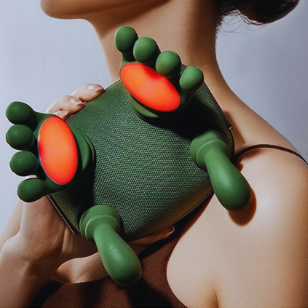 Gros plan sur le masseur cervical vert avec ses têtes de massage rouges et la sangle de maintien.