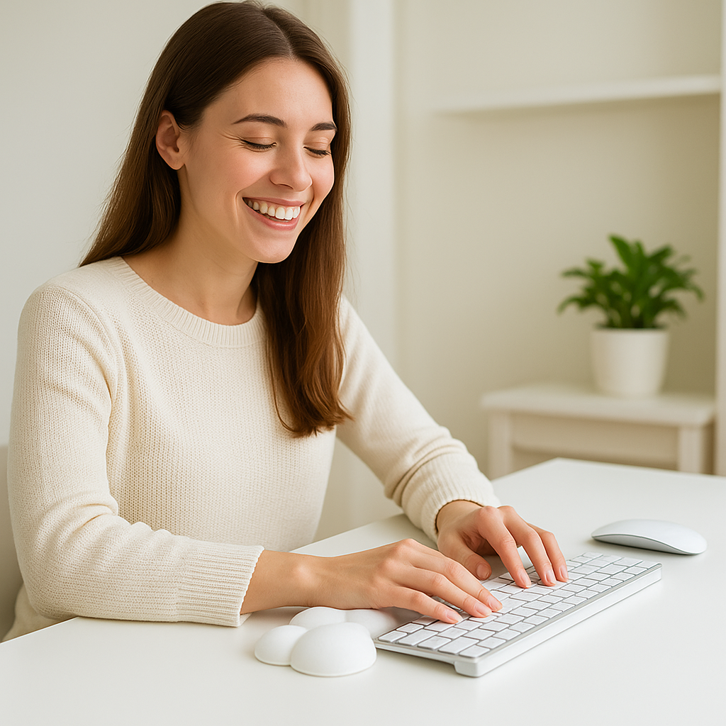 jeune femme souriante travaillant à domicile avec un repose-poignet en forme de nuage – soulagement du canal carpien et confort de frappe