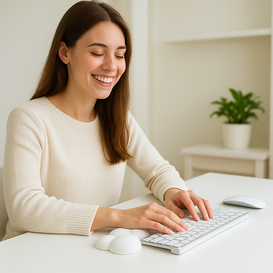 jeune femme souriante travaillant à domicile avec un repose-poignet en forme de nuage – soulagement du canal carpien et confort de frappe