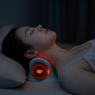 Femme allongée sur son lit utilisant un masseur cervical chauffant avec lumière rouge pour détendre les muscles du cou.