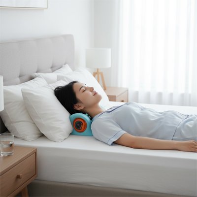 Femme allongée sur son lit utilisant un masseur cervical intelligent pour un réveil en douceur et sans tension.