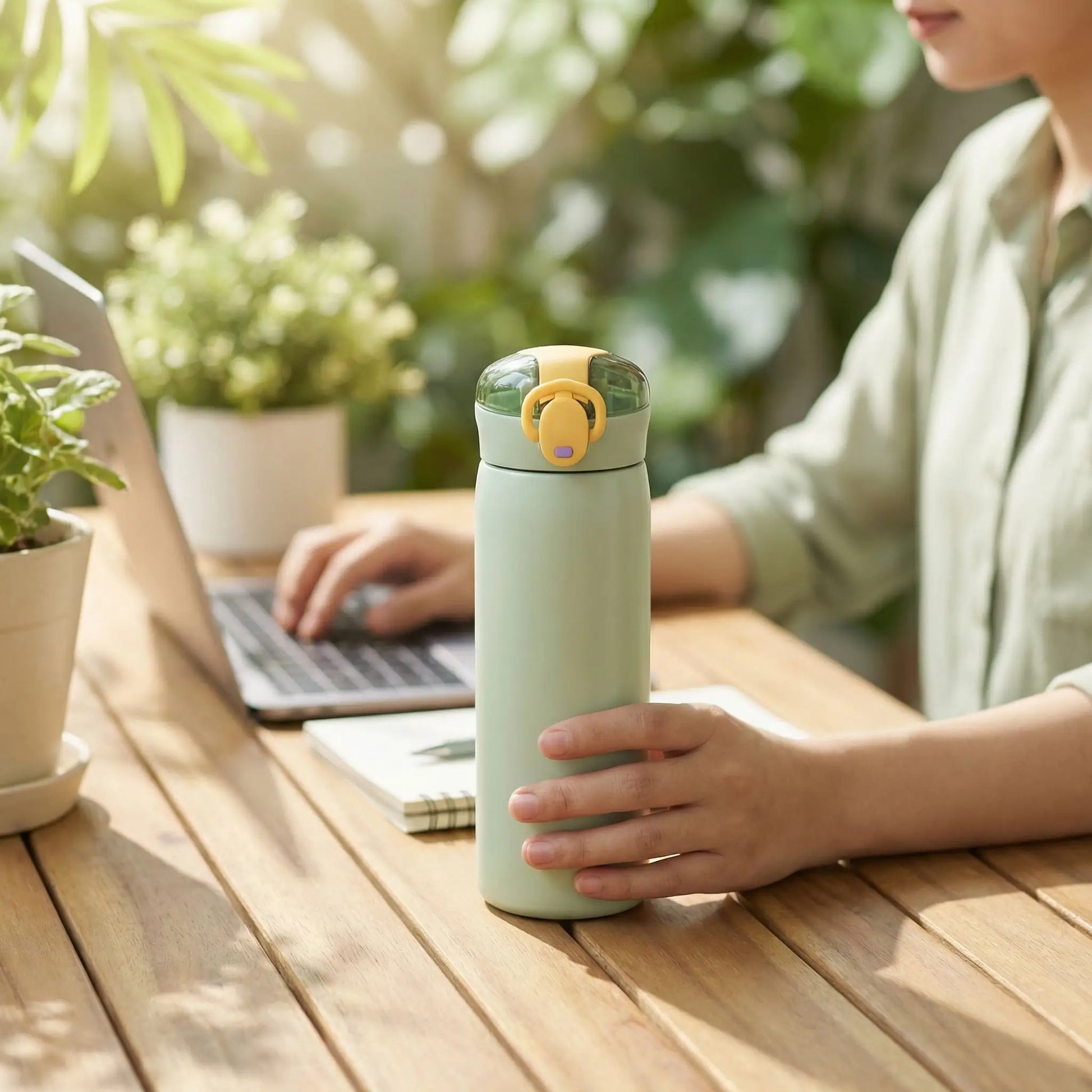 Gourde isotherme verte 460 ml avec paille intégrée posée sur un bureau en bois à côté d’un ordinateur portable en télétravail.