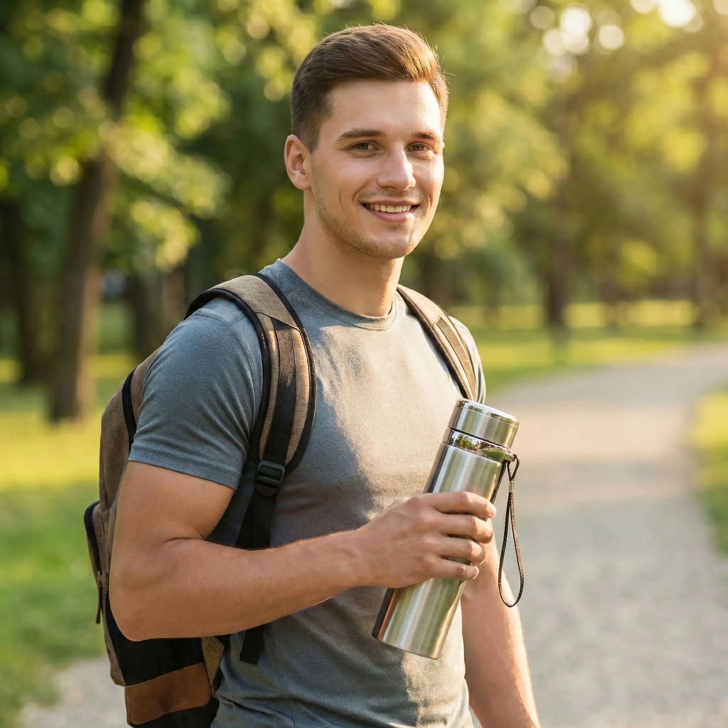 gourde isotherme inox portée par un homme en promenade