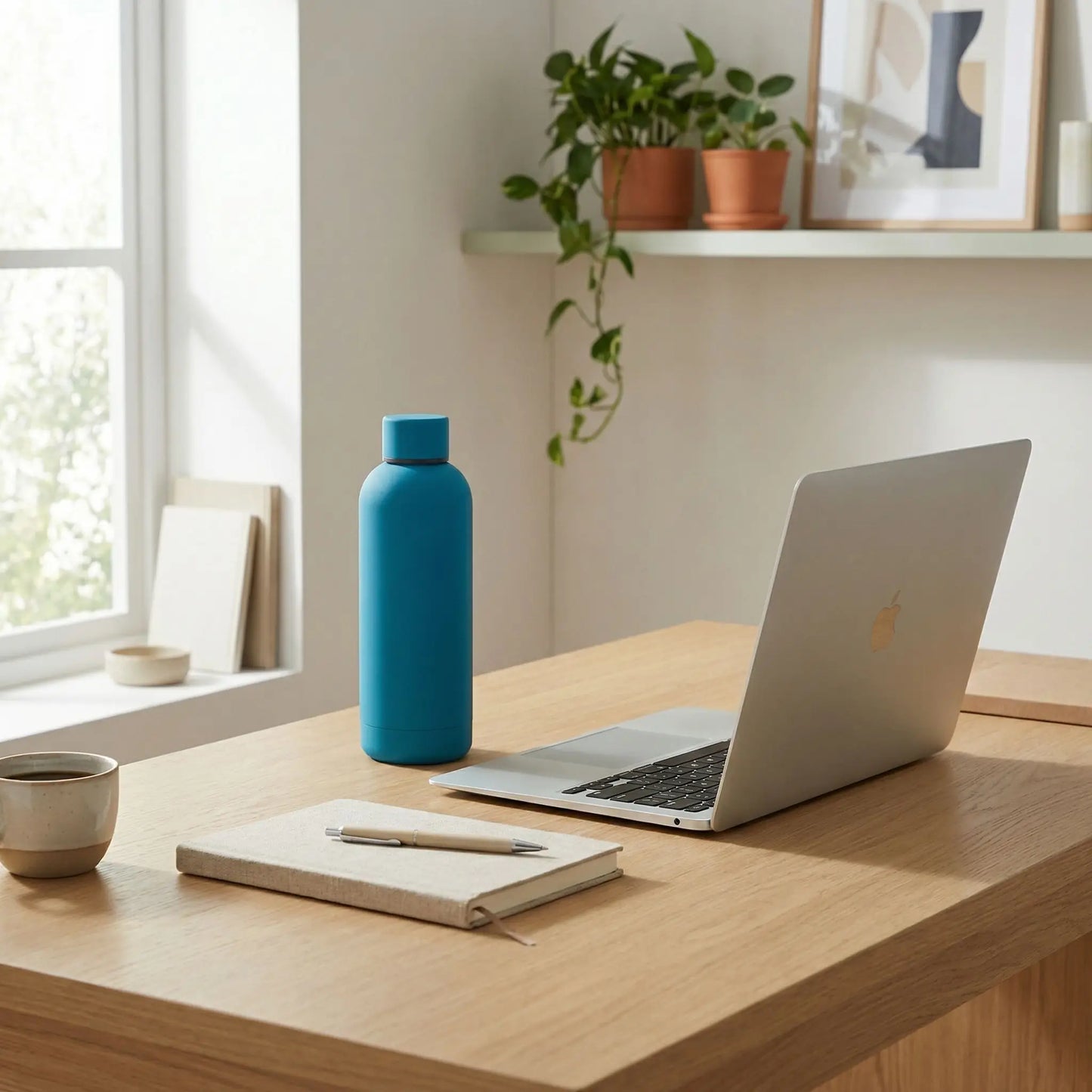 Gourde isotherme bleue sur bureau de teletravail pres dun ordinateur portable