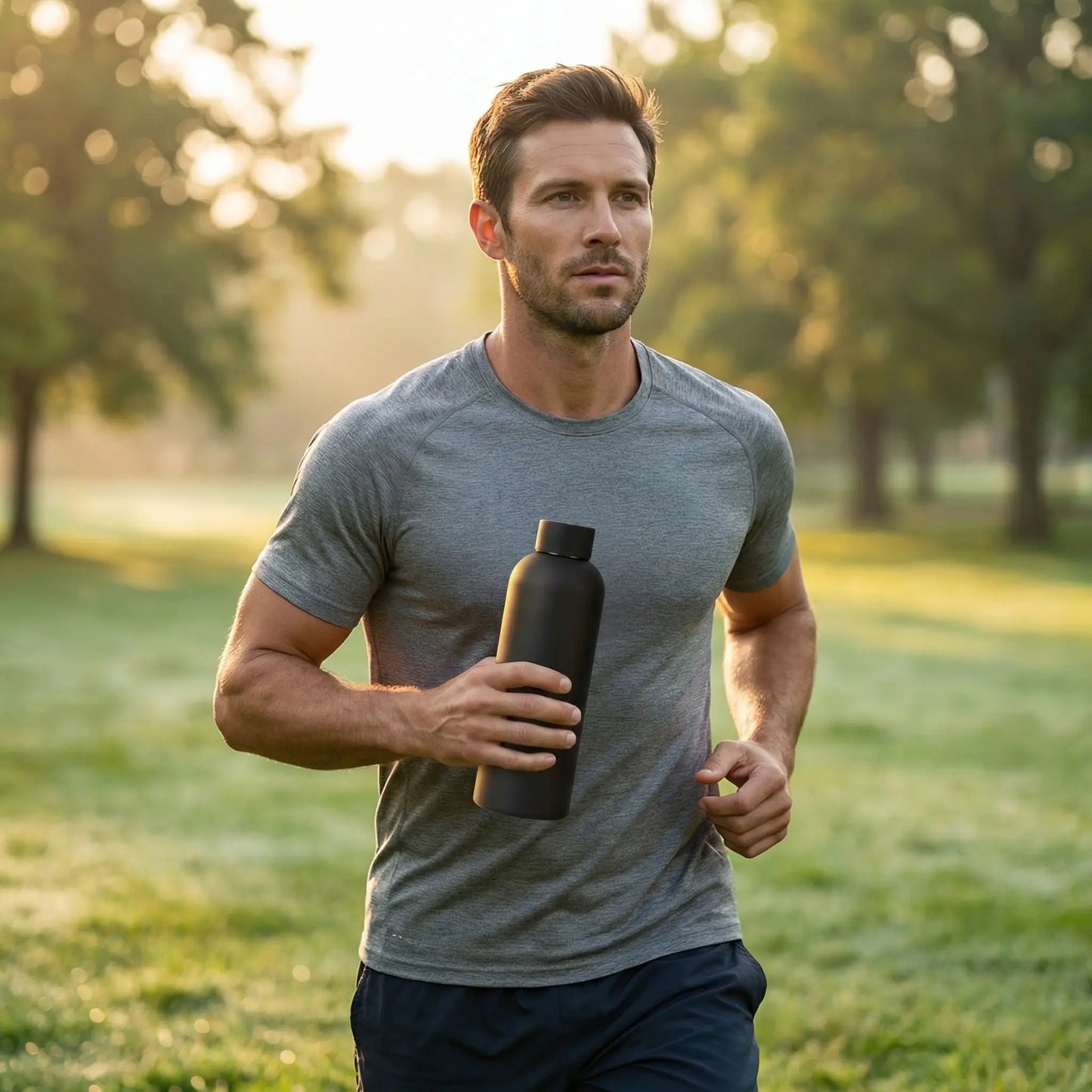 Homme en footing tenant une gourde isotherme noire en acier inoxydable