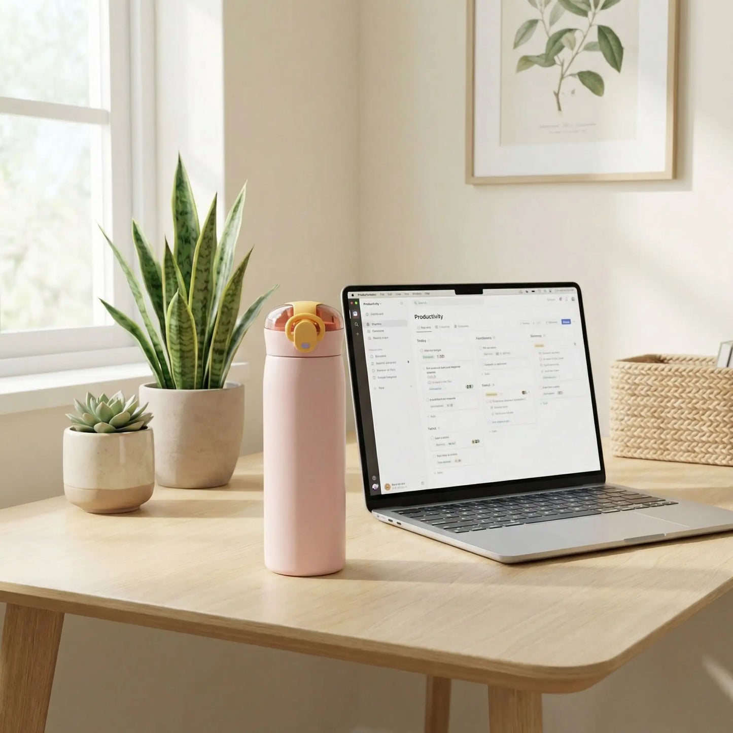 Gourde isotherme rose 460 ml posée sur un bureau en bois clair avec ordinateur portable et plante verte.