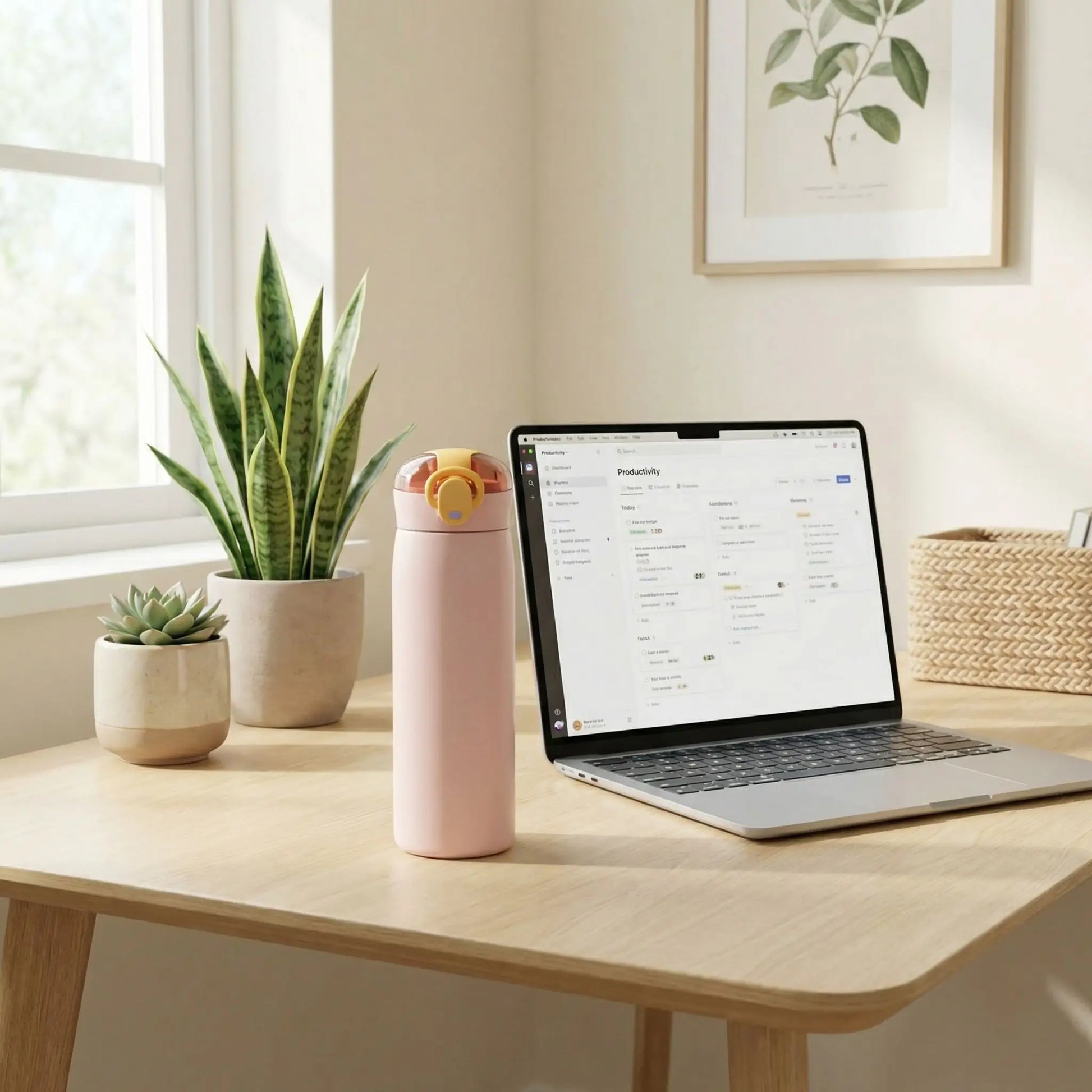 Gourde isotherme rose 460 ml posée sur un bureau en bois clair avec ordinateur portable et plante verte.