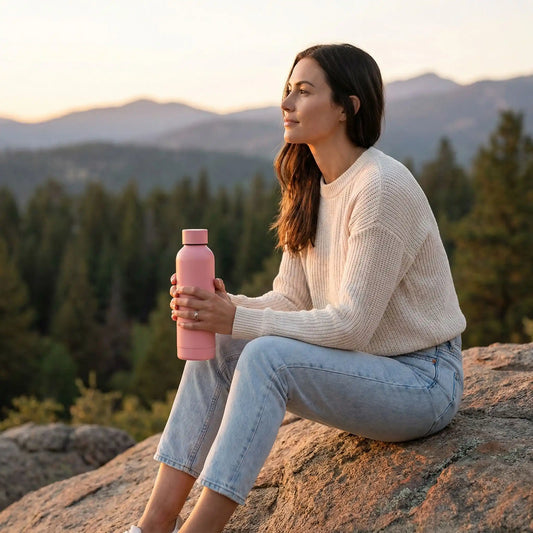 Femme assise en nature tenant une gourde isotherme rose en acier inoxydable