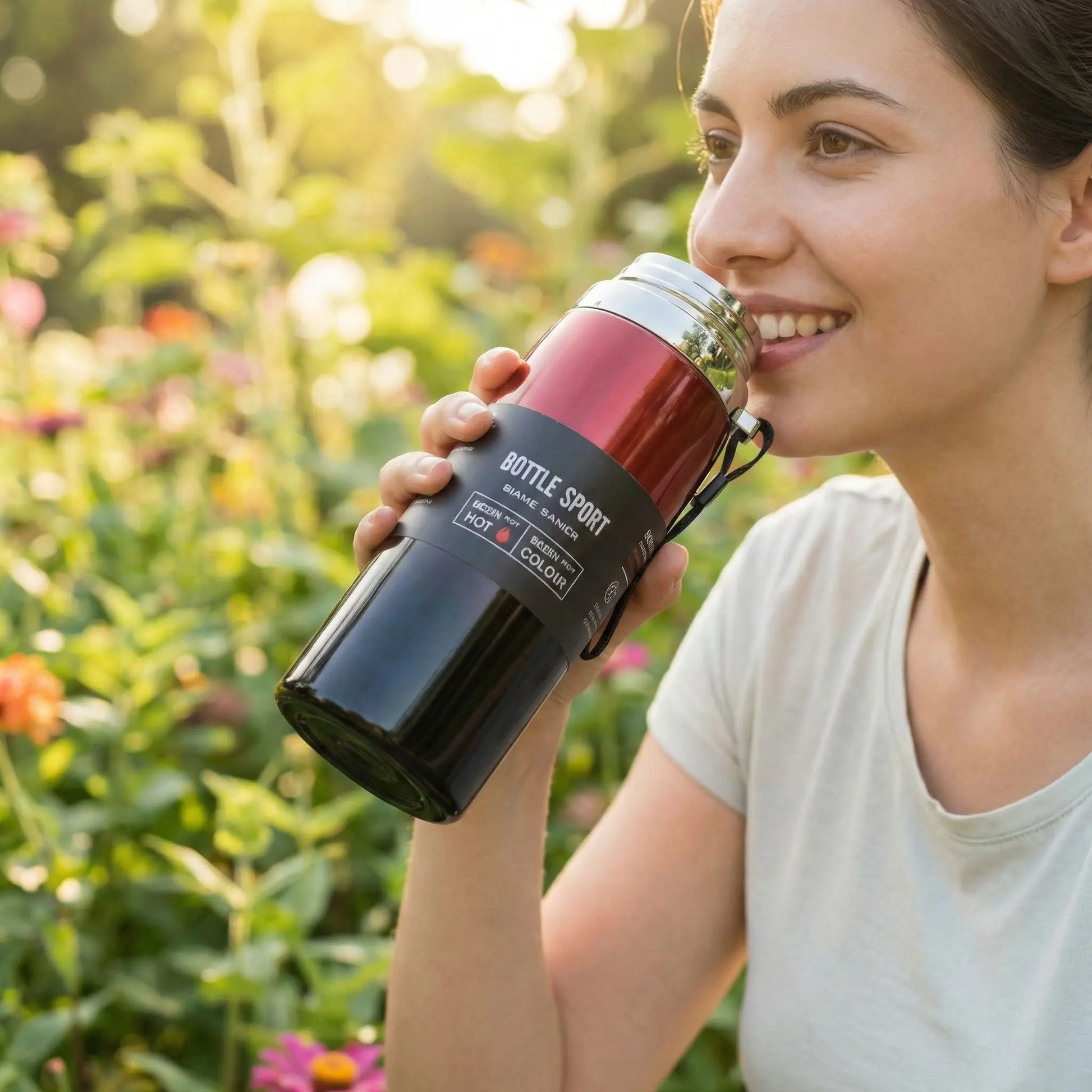 gourde isotherme 1 litre en acier inoxydable utilisee en exterieur