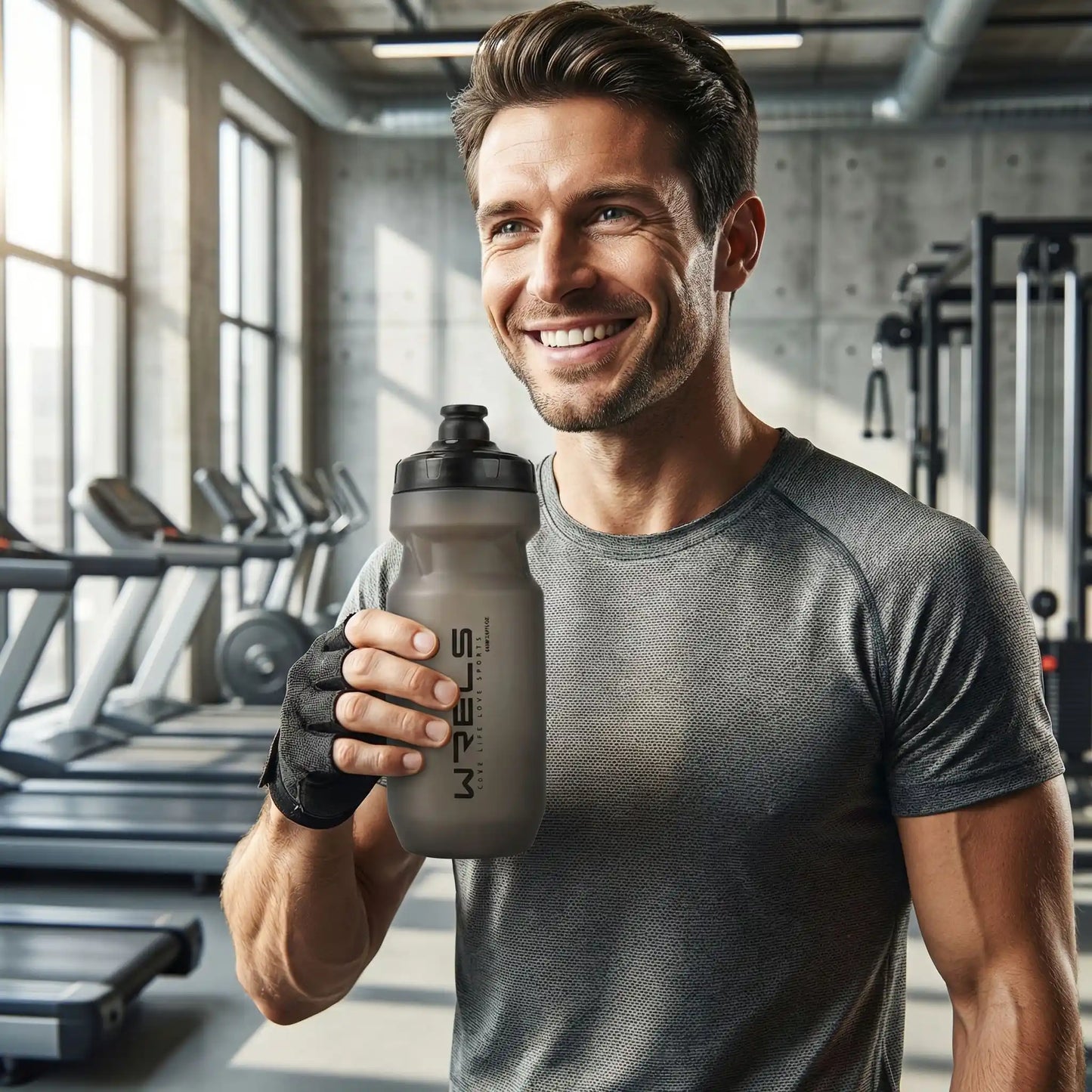 Homme en salle de sport tenant une gourde sport grise 600 ml WRELS