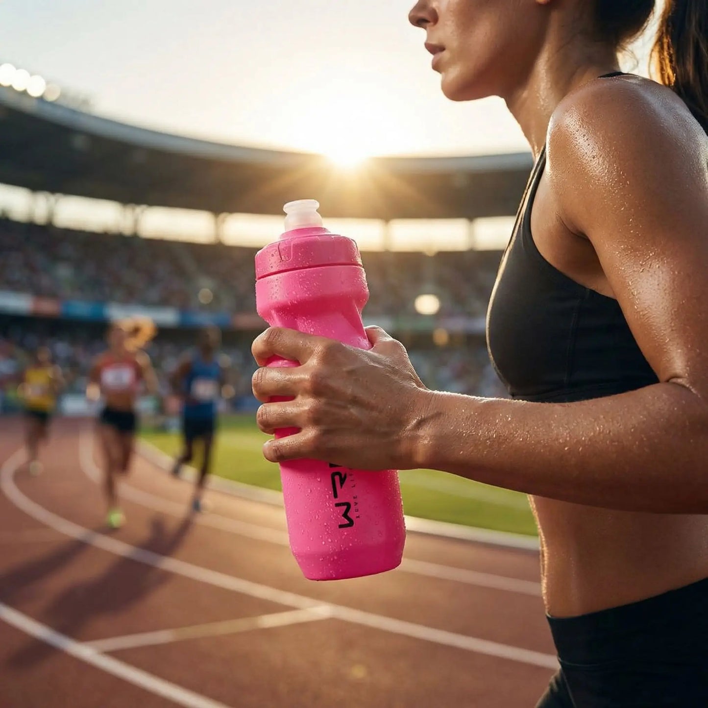 Femme athlète tenant une gourde sport rose 600 ml pendant un entraînement en stade
