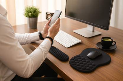 Homme en télétravail utilisant un tapis de souris ergonomique en gel avec repose-poignet assorti pour clavier, confort et prévention des douleurs au poignet.