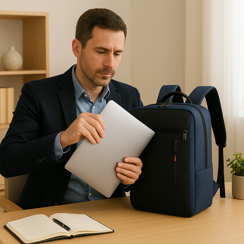 Homme élégant travaillant depuis son bureau à domicile, posant son ordinateur portable sur la table après l’avoir sorti d’un sac à dos bleu. Le décor lumineux et moderne évoque productivité, confort et organisation au travail.