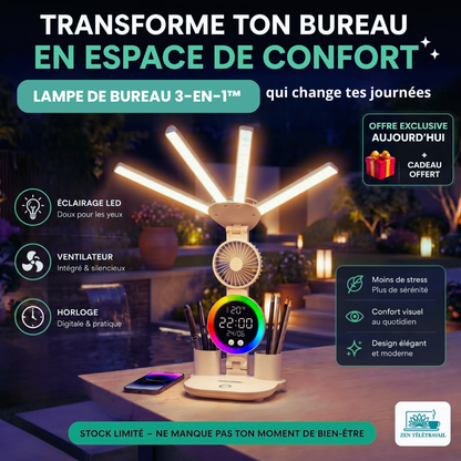 Lampe de Bureau 3-en-1™ | LED, Horloge Digitale & Ventilateur intégré