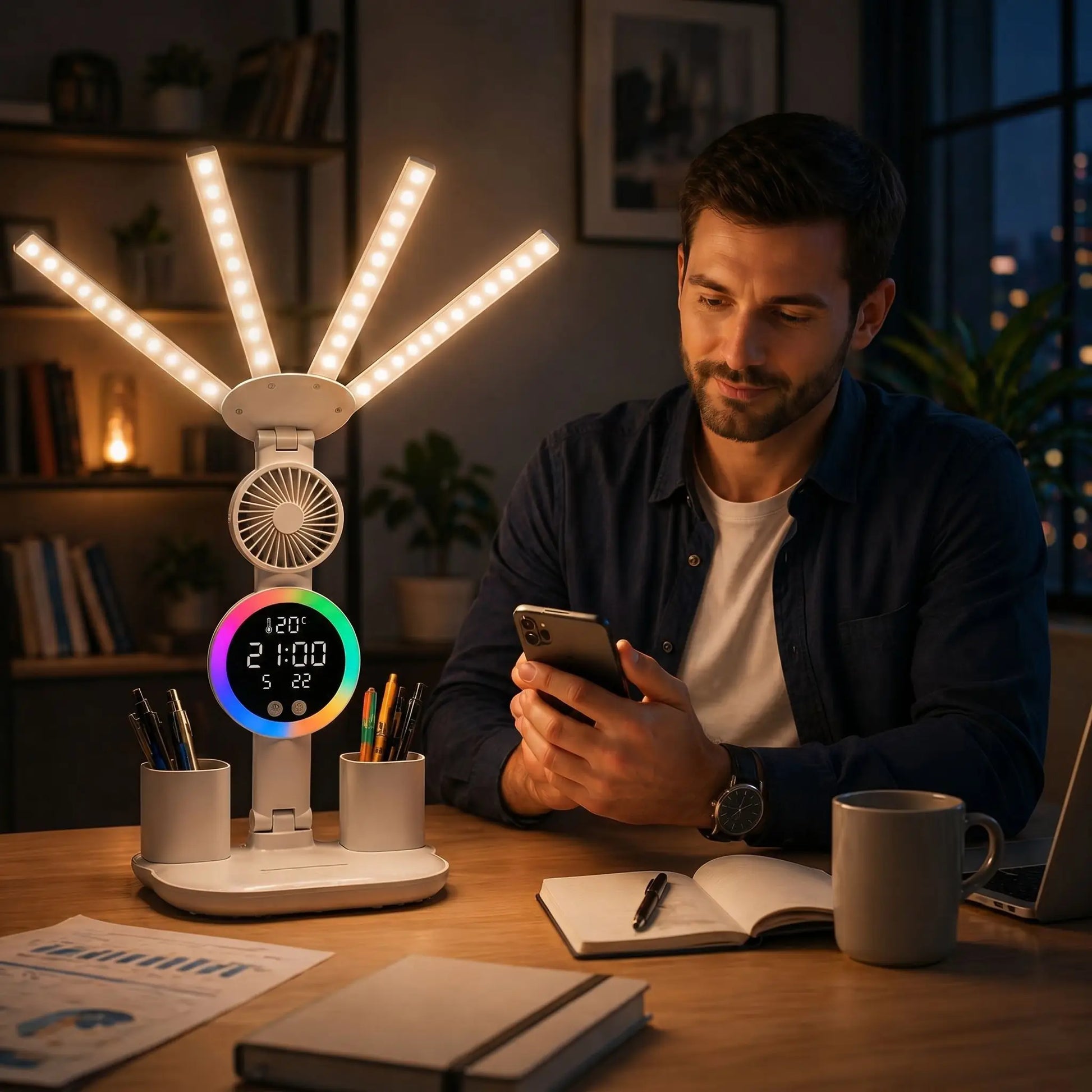 HOMME UTILISE SA LAMPE LUMINEUSE