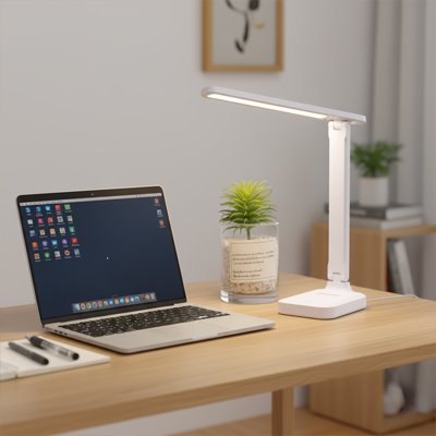 Lampe de bureau design éclairant un ordinateur portable dans un espace de travail minimaliste, idéale pour le télétravail.