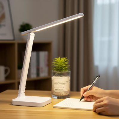 Lampe de bureau blanche orientable offrant un éclairage précis pour la lecture et la prise de notes.