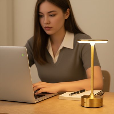 Lampe de table LED dorée sans fil, idéale pour le télétravail et la lecture, posée sur un bureau design.