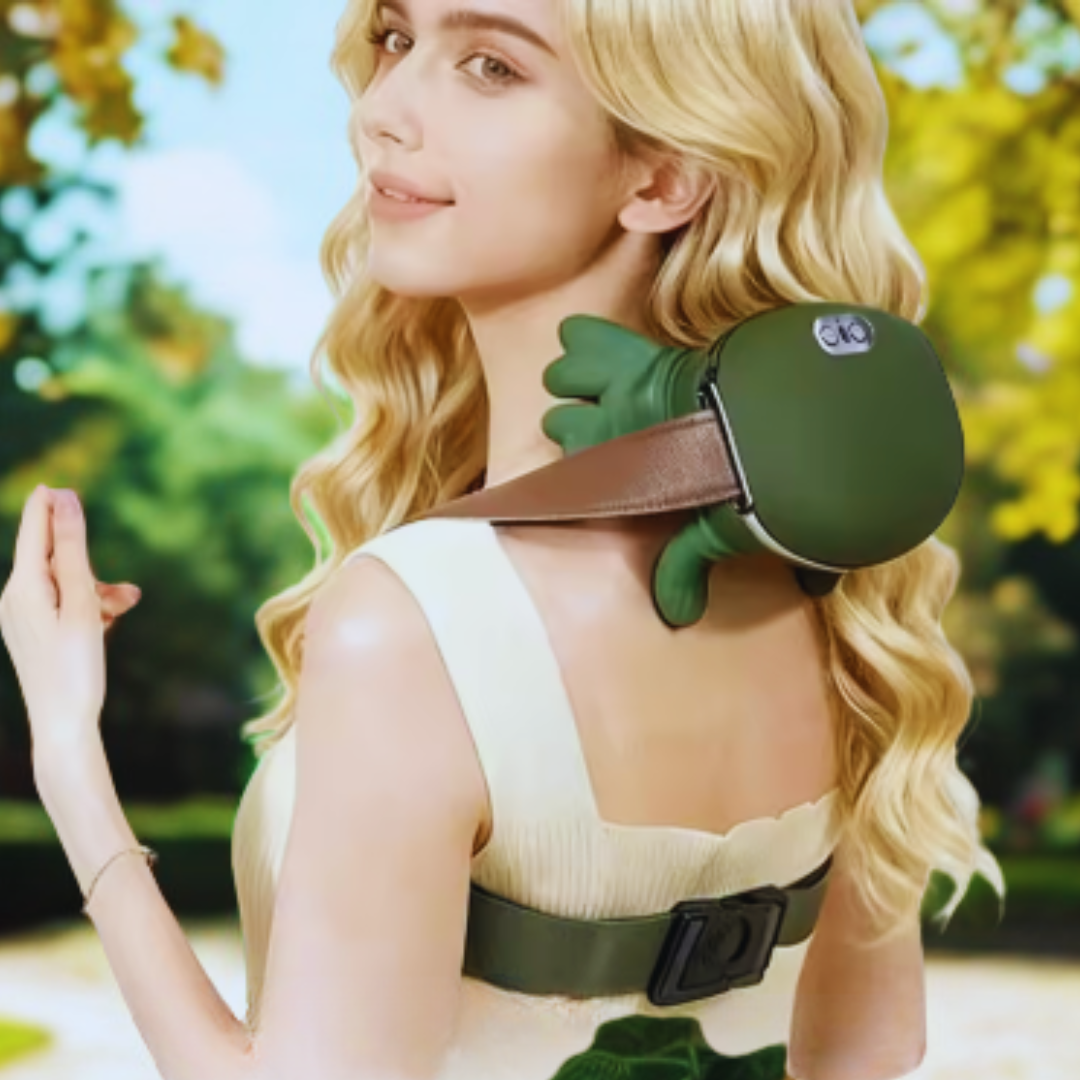 Femme souriante utilisant le masseur cervical vert foncé avec une sangle pour un massage des épaules en relaxation extérieure.