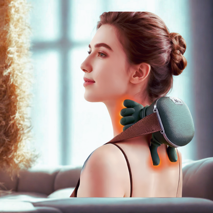 Jeune femme assise et détendue bénéficiant d'un massage du cou avec l'effet chauffant du masseur cervical portable.