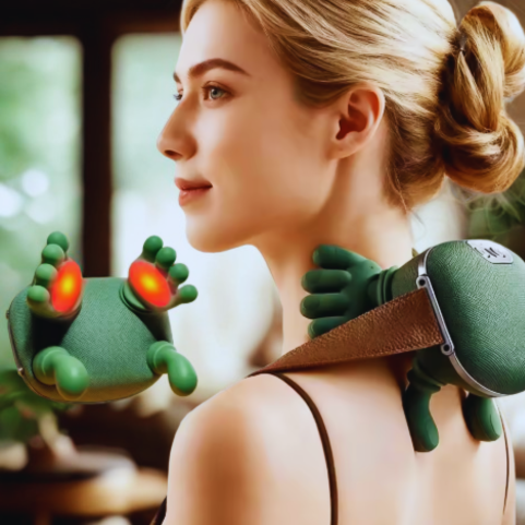 Jeune femme assise et détendue bénéficiant d'un massage du cou avec l'effet chauffant du masseur cervical portable.