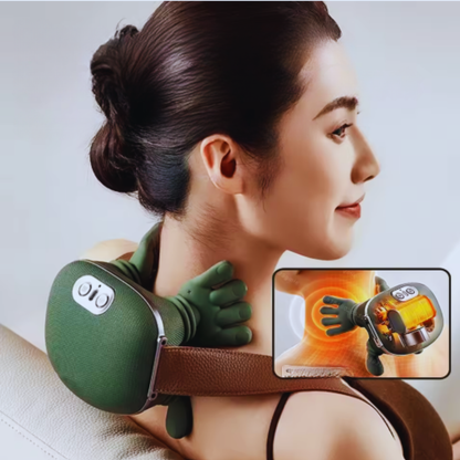 Détail technique du masseur cervical montrant la simulation de main pour le massage des points d'acupuncture, incluant la fonction chauffante.