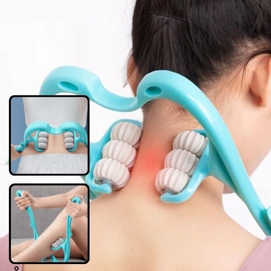 Masseur de cou utilisé sur la nuque et le dos pour soulager les douleurs et détendre les muscles contractés.