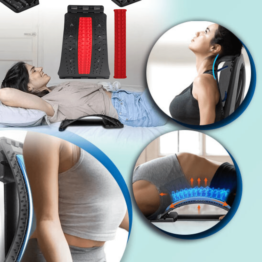 Femme utilisant le masseur dorsal et cervical SpineEase™ en position allongée et assise pour détendre la colonne vertébrale et apaiser les tensions musculaires.