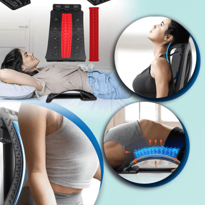 Femme utilisant le masseur dorsal et cervical SpineEase™ en position allongée et assise pour détendre la colonne vertébrale et apaiser les tensions musculaires.