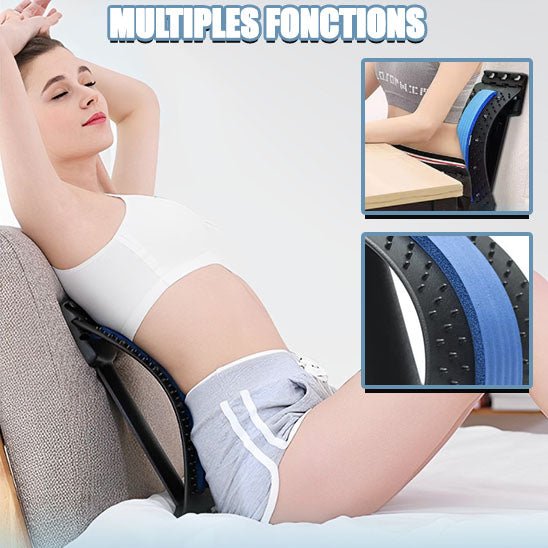 Femme allongée sur le masseur dorsal SpineEase™ pour étirer la colonne vertébrale et libérer les tensions cervicales et lombaires.