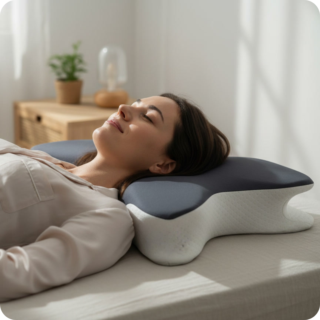 oreiller cervical ergonomique en forme de papillon soutenant la nuque la tete et les epaules pour soulager les douleurs cervicales