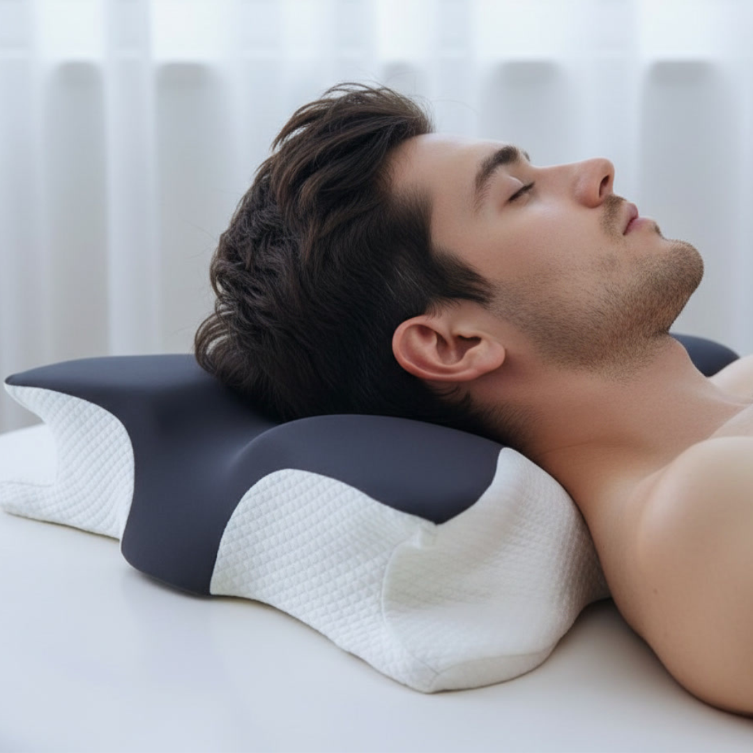 oreiller cervical memoire de forme avec centre creux reduisant les points de pression et les douleurs au cou pendant le sommeil