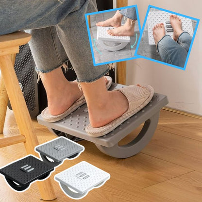 Repose-pieds massant gris avec design incurvé, idéal pour soulager la fatigue des jambes et favoriser la bonne posture pendant le télétravail.