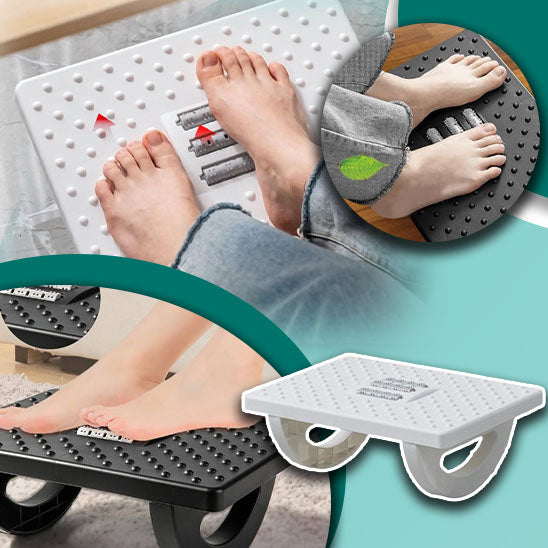 Repose-pieds massant noir et blanc avec rouleaux de massage intégrés, conçu pour stimuler les points réflexes des pieds et améliorer la circulation.