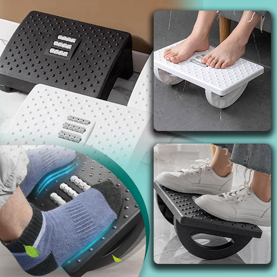 Repose-pieds massant noir et blanc à picots et rouleaux, utilisé avec ou sans chaussures pour détendre les pieds et activer la circulation au bureau.