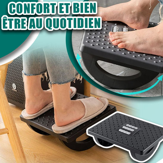 Repose-pieds massant noir avec picots stimulants, favorisant la relaxation des jambes et la posture ergonomique en position assise prolongée.