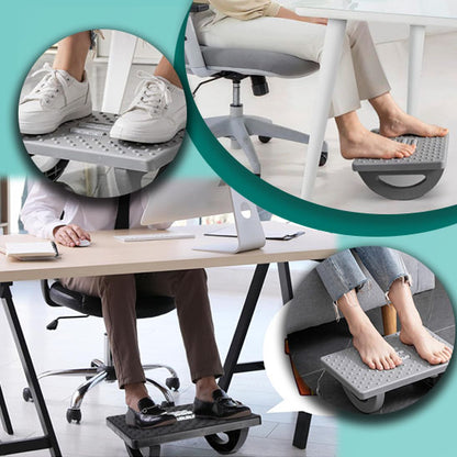 Repose-pieds massant utilisé au bureau avec chaussures ou pieds nus, offrant une position ergonomique et un massage relaxant pendant le travail.