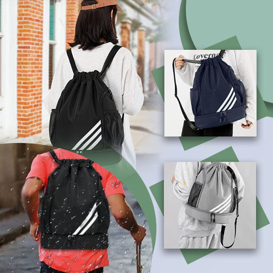 Sac de sport imperméable avec cordon de serrage, disponible en noir, bleu marine et gris, idéal pour le sport ou les déplacements quotidiens.