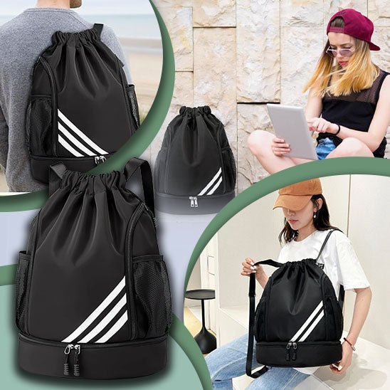 Sac de sport noir à cordon avec compartiment séparé pour chaussures et poches latérales en filet, adapté aux activités sportives et voyages.