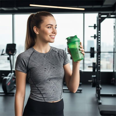 Femme sportive tenant un shaker vert étanche après entraînement en salle de sport