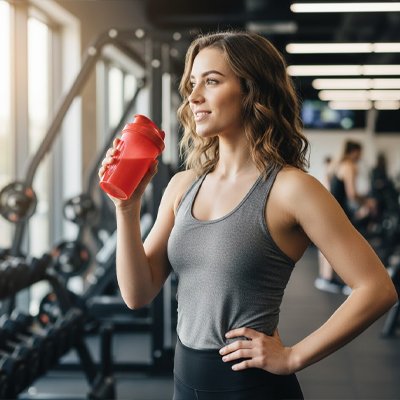 Femme tenant un shaker rouge premium en salle de musculation