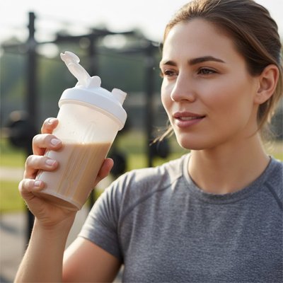 Femme tenant un shaker blanc contenant une boisson protéinée lisse sans grumeaux