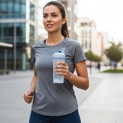 shaker proteine femme qui court 