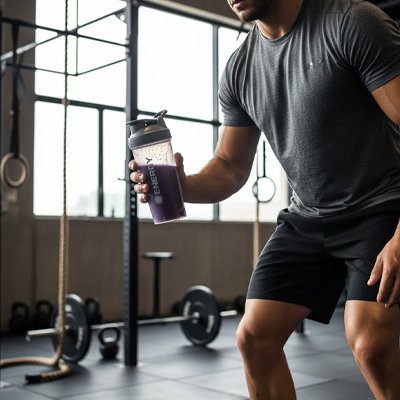 Homme en salle de sport avec shaker proteine PowerMix™ étanche anti-grumeaux, boisson protéinée après entraînement