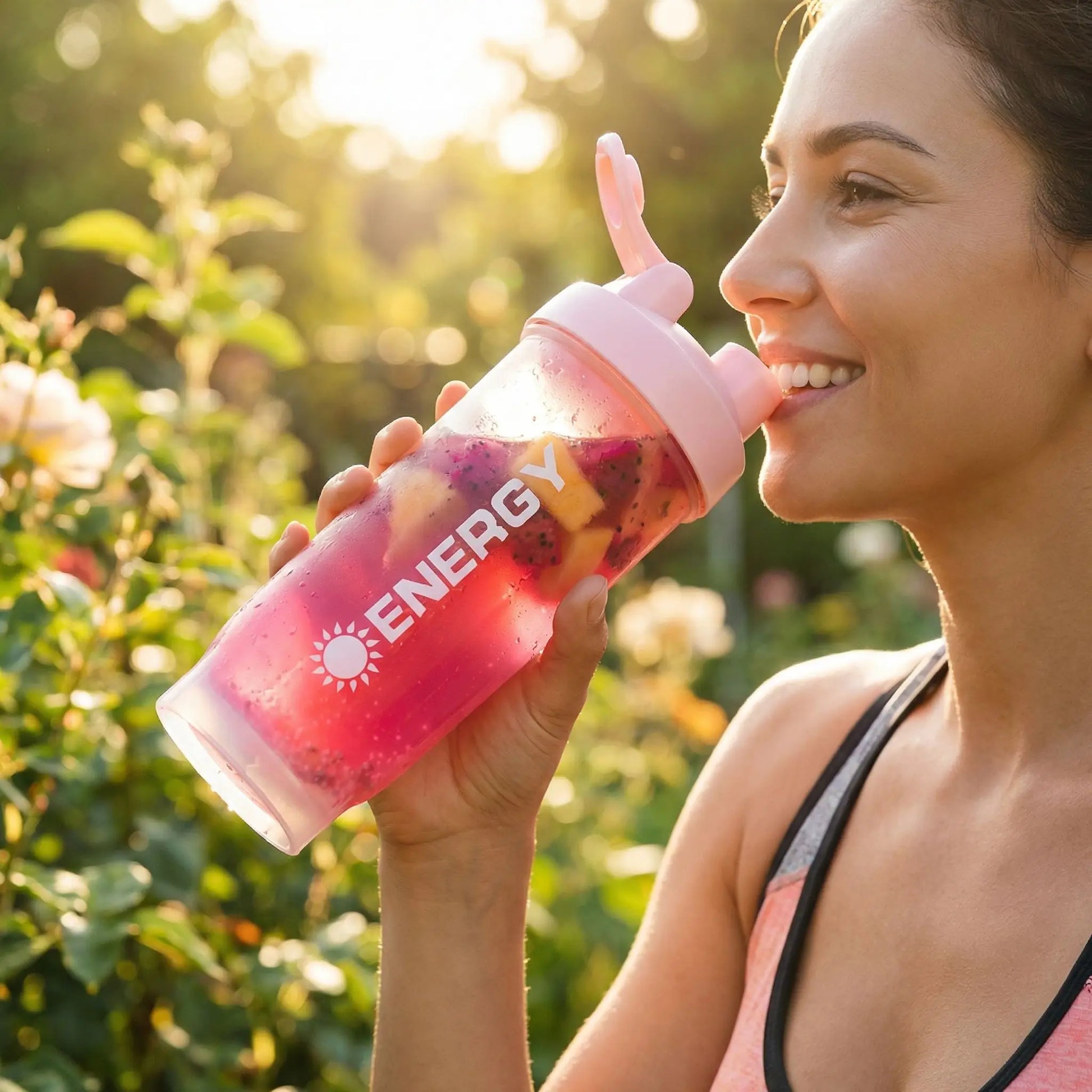 Femme sportive buvant avec shaker proteine PowerMix™ rose étanche anti-grumeaux, boisson fruitée après entraînement en extérieur